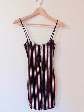 MAY PINK • Striped Knit Spaghetti-Strap Dress in Burgundy and Navy Blue